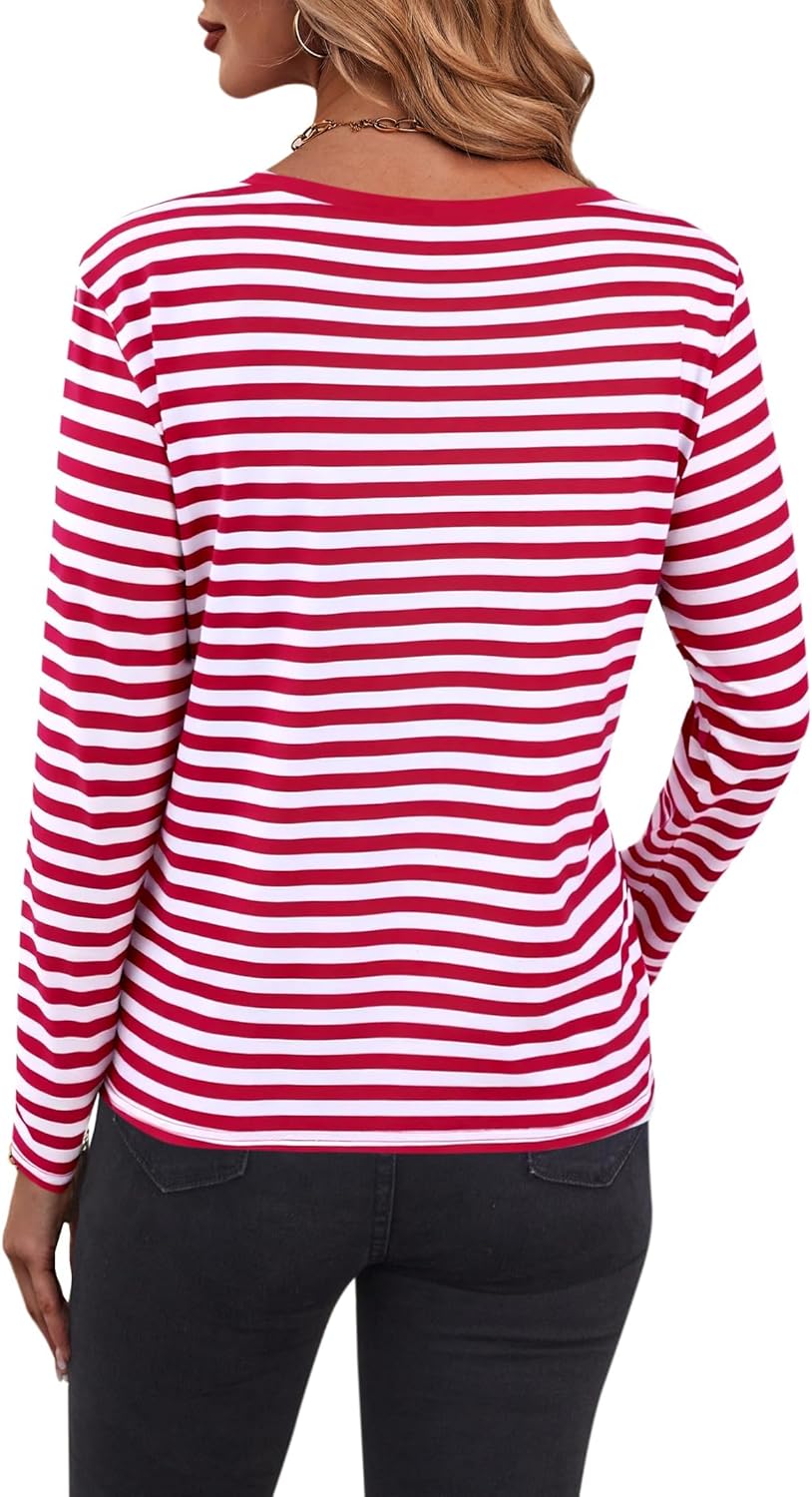 LilyCoco Womens Striped Long Sleeve Shirt V Neck T Shirts Casual Fall Boho Tops - Image 2