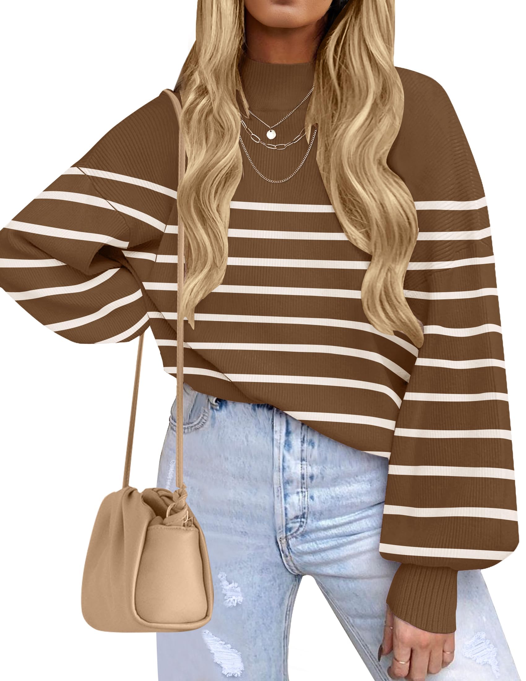 ZESICA Women's 2026 Fall Striped Pullover Sweaters Tops Fashion Outfits | Checkered, Mock Neck, Oversized, Trendy Casual Loose Fit, Cute, Chunky Cozy Holiday Winter Clothes