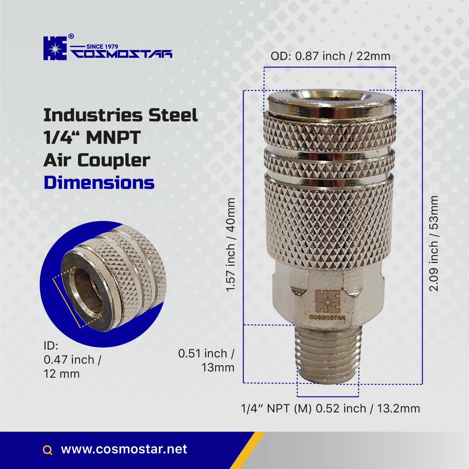 COSMOSTAR Industries Steel 1/4" MNPT Air Coupler 3 Pieces - 1/4 Inch Flow Size and 1/4" NPT Male Thread, Industrial Type Quick Connect Couplers (1/4" CMNPT0, 3 PCS)
