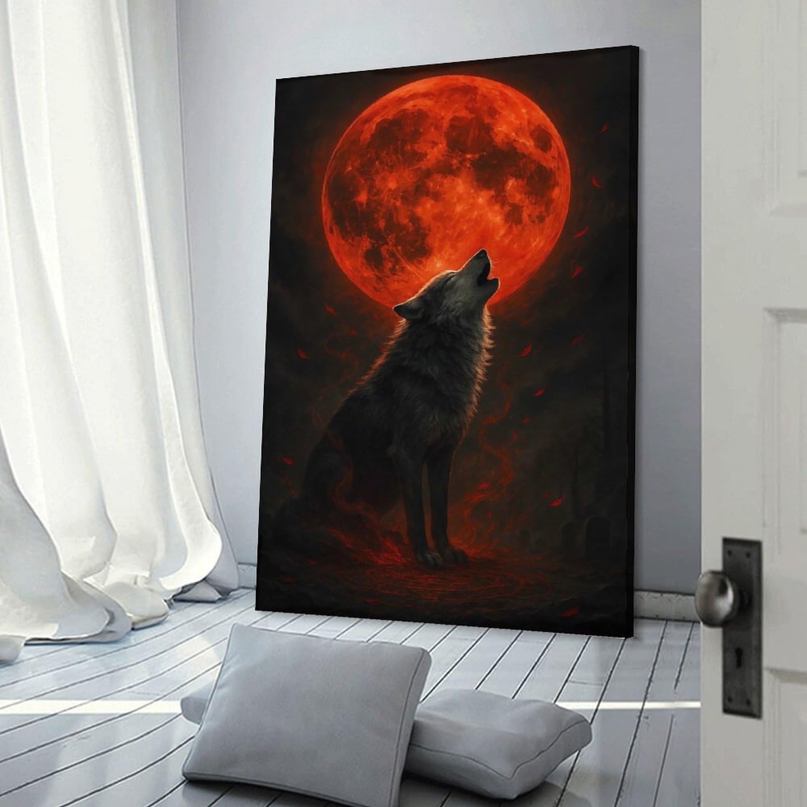 Junmoney Frame-Style-11 Wolf Howling At Blood Moon Canvas Wall Decor, 24X36inch(60X90cm), For Wall Displays, Bedrooms Or Room Updates, Wall Decor Suited To Curated Displays