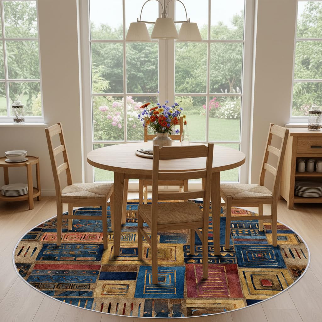 Tapis Rond Marocain Salon Chambre 100 cm de Diamètre | Motif Afrique Bleu Jaune, Antidérapant, Lavable, Poil Ras, Doux Carpet, Decoration, Moquette, Paillassons