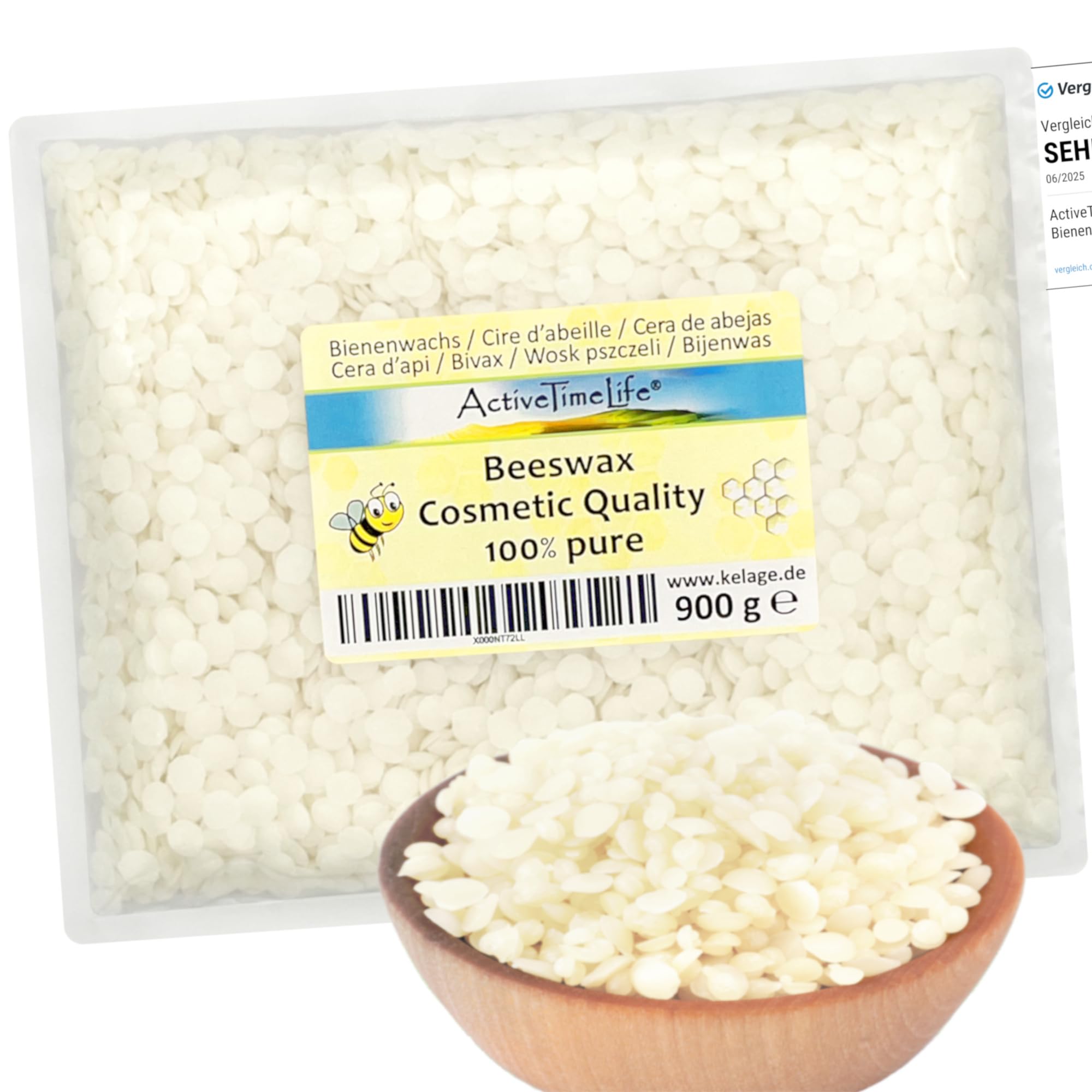 ActiveTimeLife® Bienenwachs Pastillen weiß | Premium | 900 g ideal für Kosmetik Kerzen Cremes Salben Seifen Wachstücher - Nachfüllpack