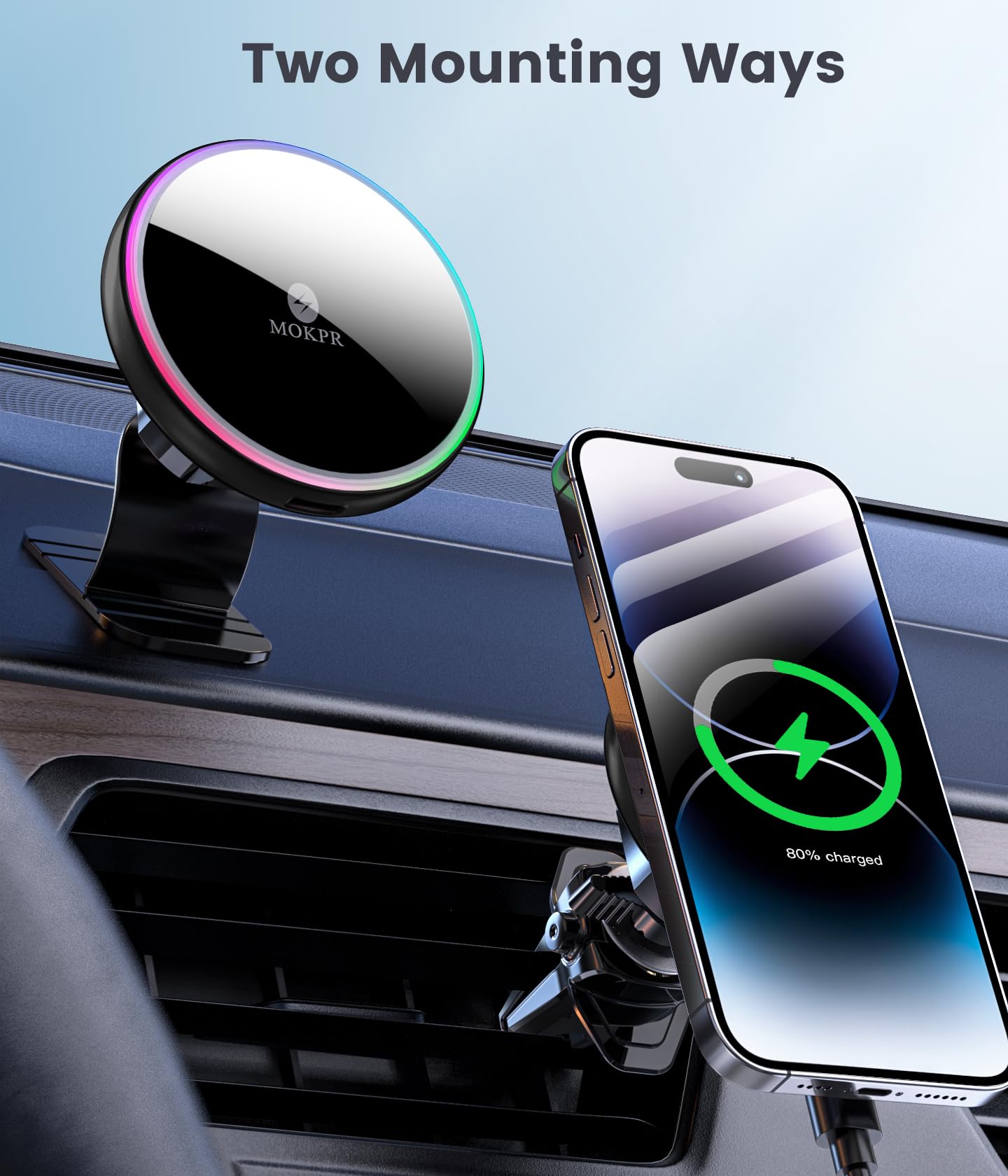 MOKPR 15W Support Telephone Voiture Induction, pour Chargeur Magsafe Voiture, 【Rotation à 360°/Puce Intelligente】 Chargeur Induction Voiture Magnetique pour iPhone 17/16/15/14/13/12 séries(Noir)