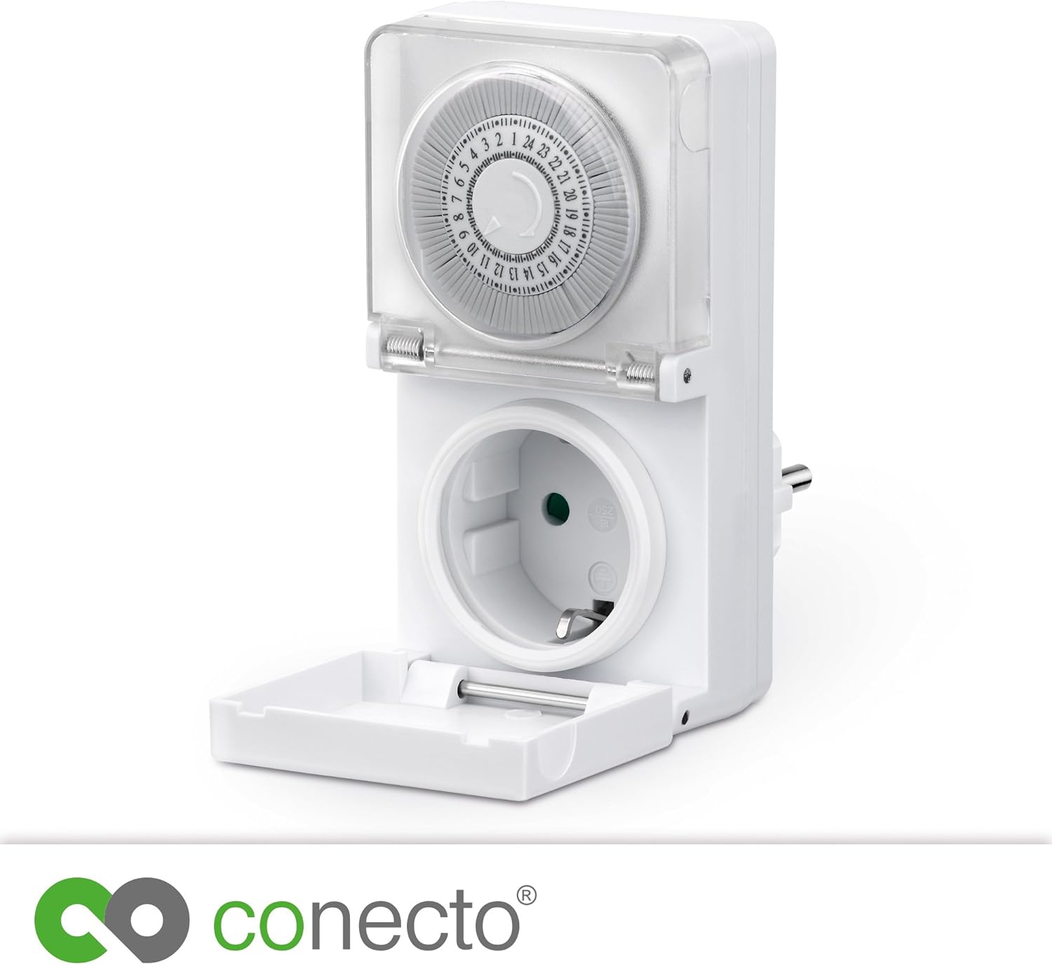 Front view of the conecto mechanical timer showing the dial and the power outlet.