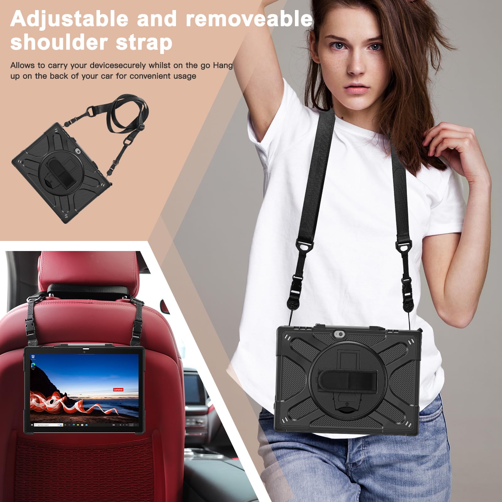 Junfire Funda para Lenovo ThinkPad X12 Detachable Gen 2/ThinkPad X12 12,3 Pulgadas 2024/2021, Funda con Soporte Giratorio, Correa de Mano, Correa de Hombro y portalápices Compatible con Teclado-Negro