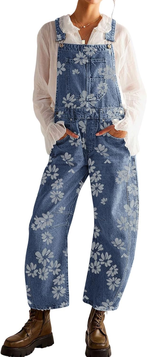 loveimgs Women Floral Print Denim Overalls Baggy Barrel Jeans Patchwork Denim Pants Y2k Straps Wide Leg Jumpsuit One Piece - Image 3