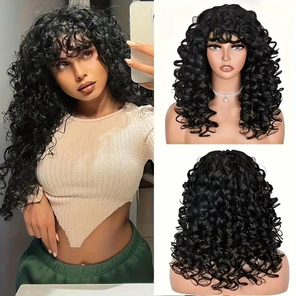 Haarpflege Schwarze Lockige Perücke Für Frauen Mit Pony. Schwarze Lockige Haarperücke Für Den Täglichen Gebrauch Und Cosplay