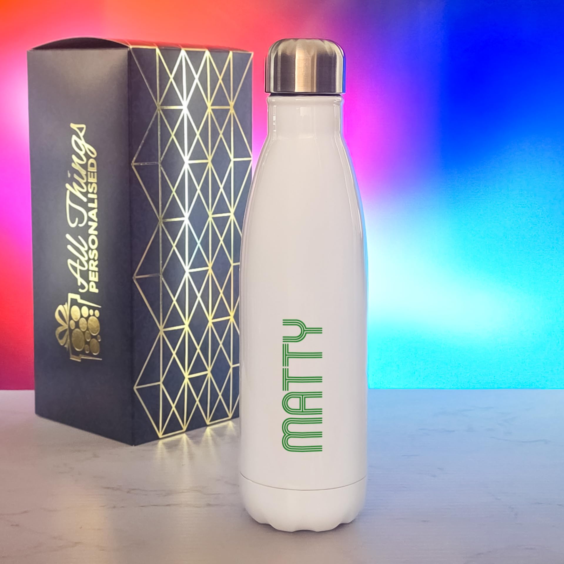 Personalisierte Wasserflasche 500 ml, individueller Name mit wählbarer Schriftart und Farbe, Trinkflasche aus Edelstahl, Geschenkbox inklusive, personalisiertes Geschenk für Kinder und Erwachsene
