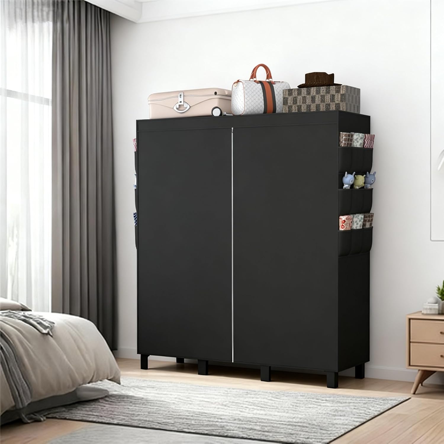 Portable Wardrobe, Clothes Organizer, Easy Hanger Wardrobe, Multiple Dividers and 3 Drawers, 6 Side Pockets Large Capacity (Black)