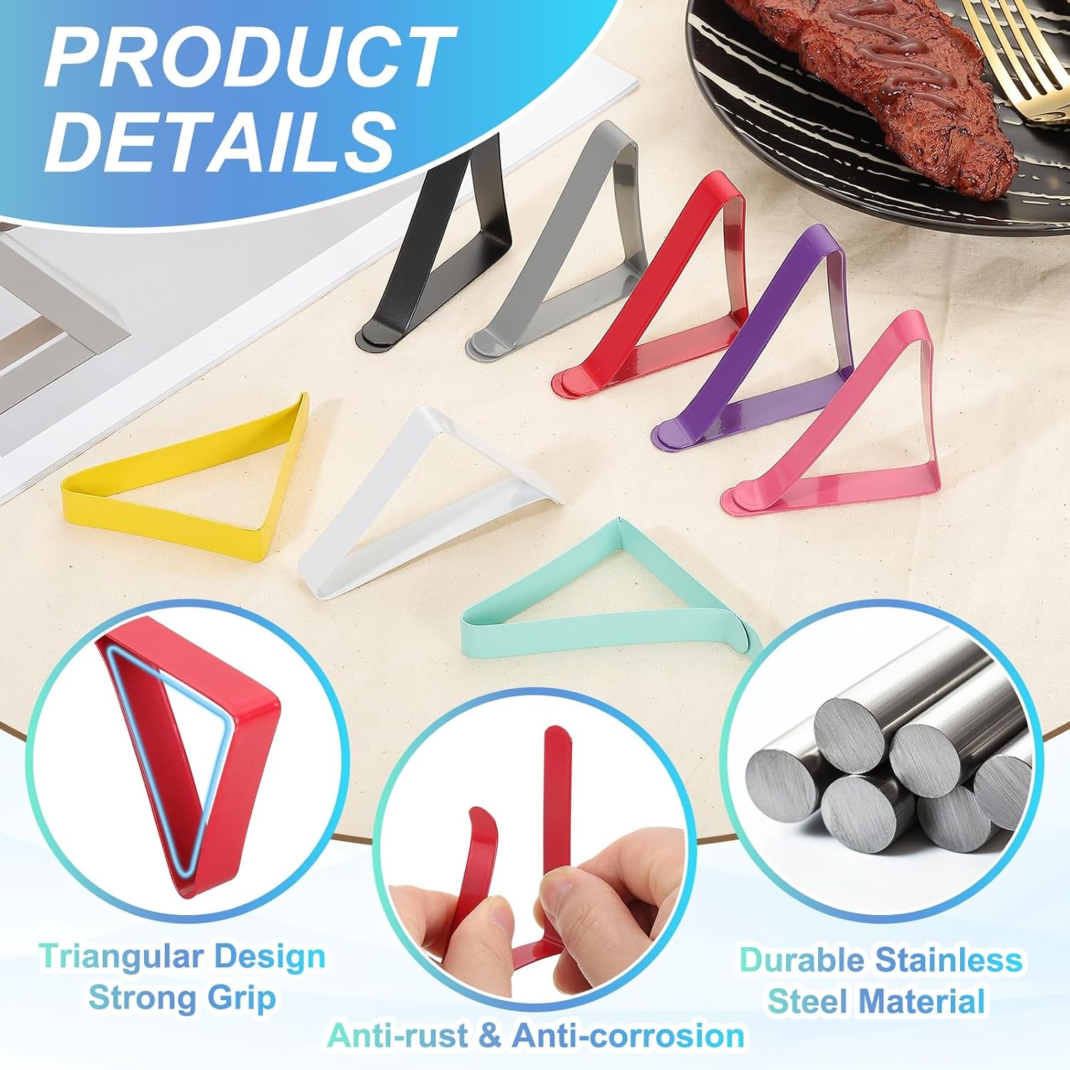 uxcell 8 Pack Tablecloth Clips, Stainless Steel Table Cloth Cover Clamps, 2.95" x 1.77" Windproof Holder Clips for Home Party Picnic Wedding Camping Dining Tables, Black image 3