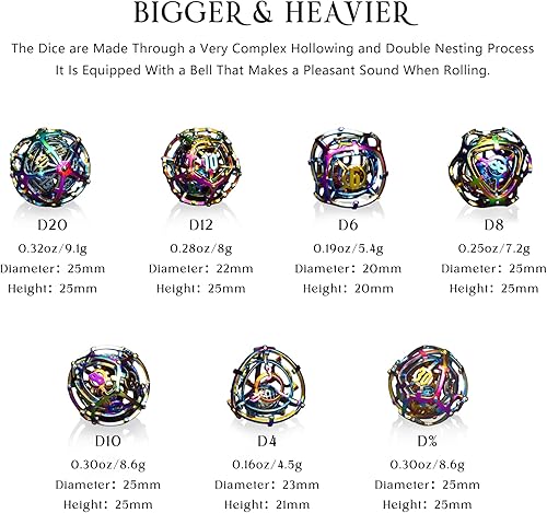 Miniatura 6 de RULE DICE Dados DND de metal musical, juego de 7 dados de metal musical, rodando como si el sonido de campanillas de viento, dados DND hechos a mano