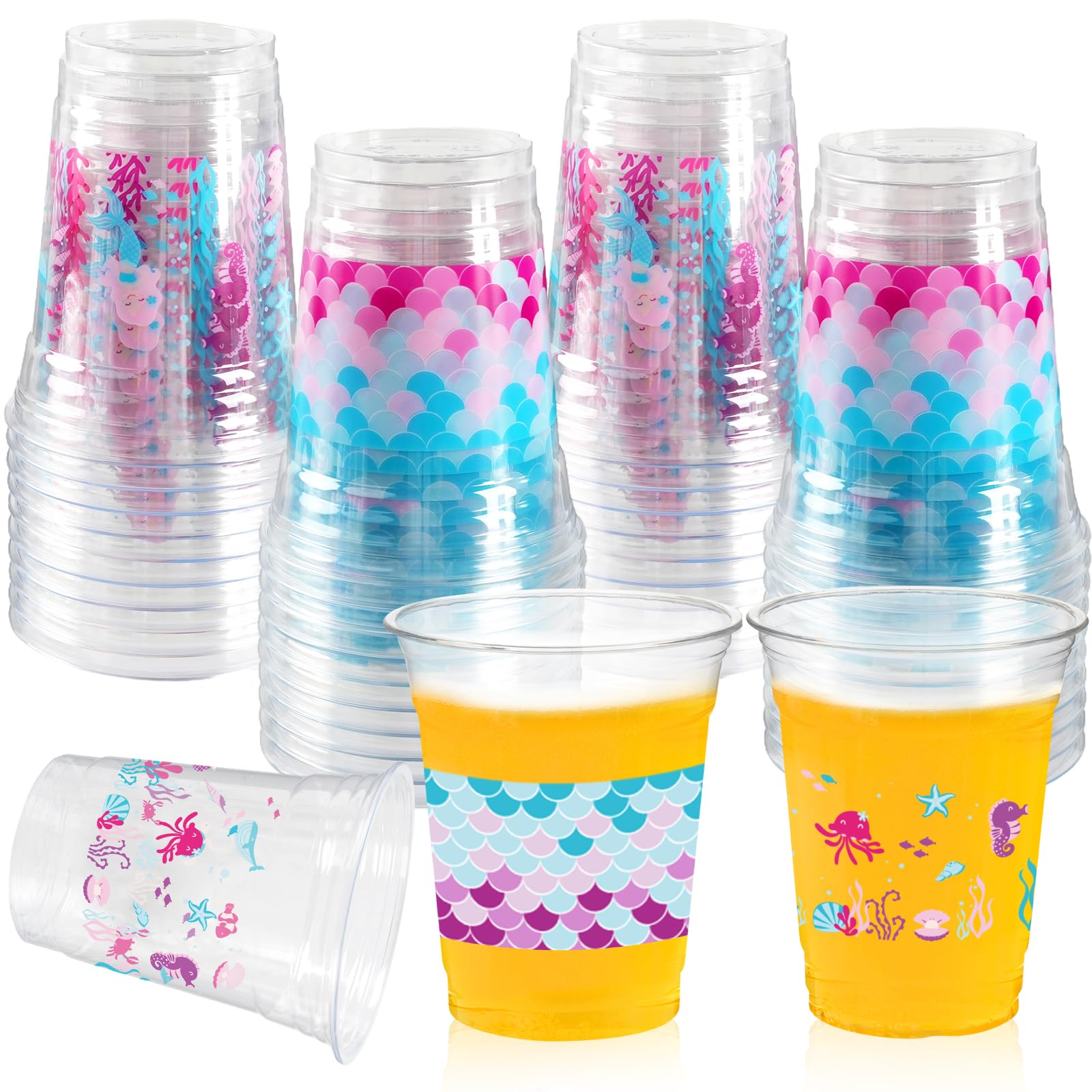 CUPLOOV 50 Pcs Mermaid Party Decoration Cups, 12 Oz Plastic Drinking Cups Mermaid Birthday Party Decorations for Baby Shower Ocean Summer Birthday