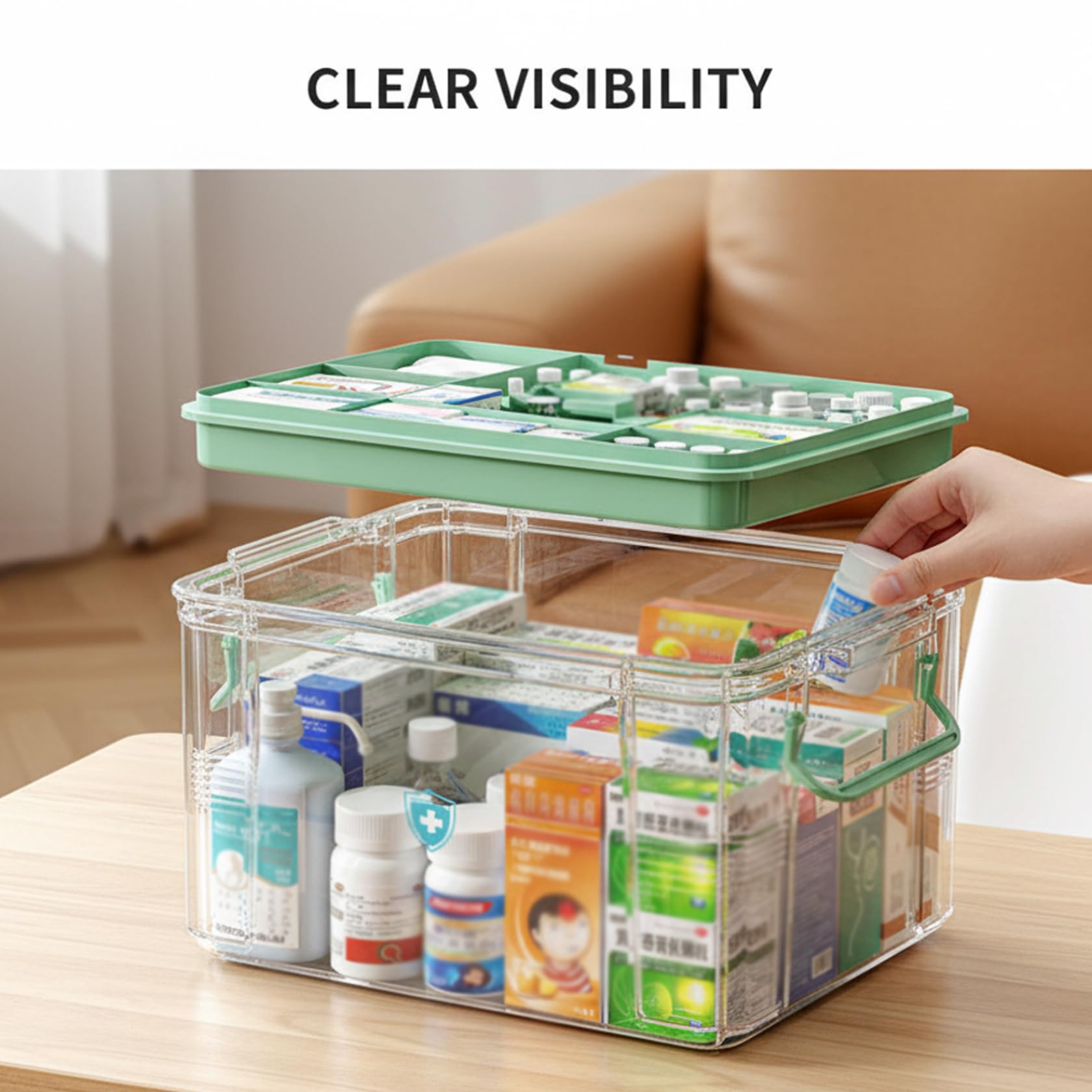 Medikamentenbox, große Medikamenten-Aufbewahrungsbox, transparent, grün, Erste-Hilfe-Box mit doppelschichtigen Fächern, abschließbarer Medikamenten-Organizer, ideal für den Heimgebrauch