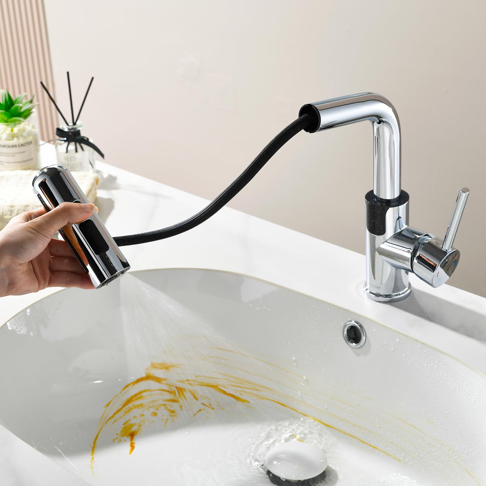 Robinet Salle de Bain Mynaiad avec Indicateur de Température LED, Douchette Extractible, Mitigeur Lavabo Orientable 360°, Robinet Lavabo Monocommande avec 4 Types de Jets,Chromé - 3