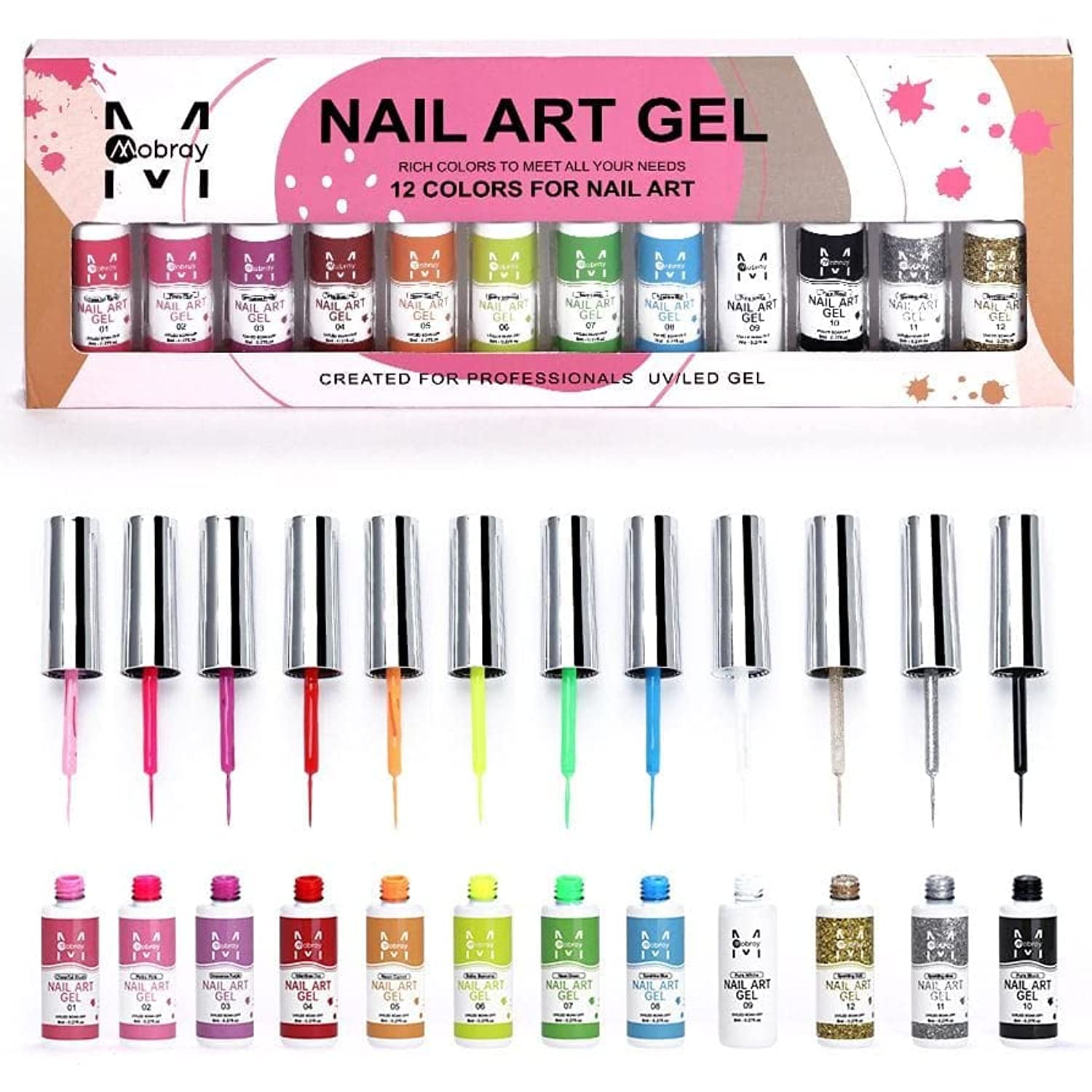 Gel Polish Nail Art Liner Set - 12 Colors Pastel Paint for Swirl Nails With Built-in Thin Brush, Soak Off LED Lamp Pen