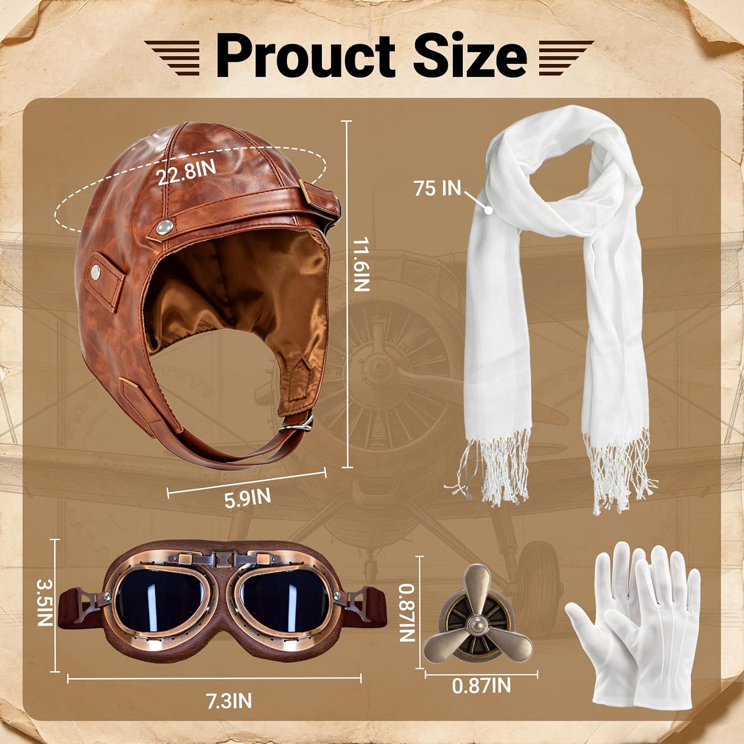 5 Pcs Vintage Aviator Costume, Unisex Pilots Hat Helmet & Goggles Scarf Set