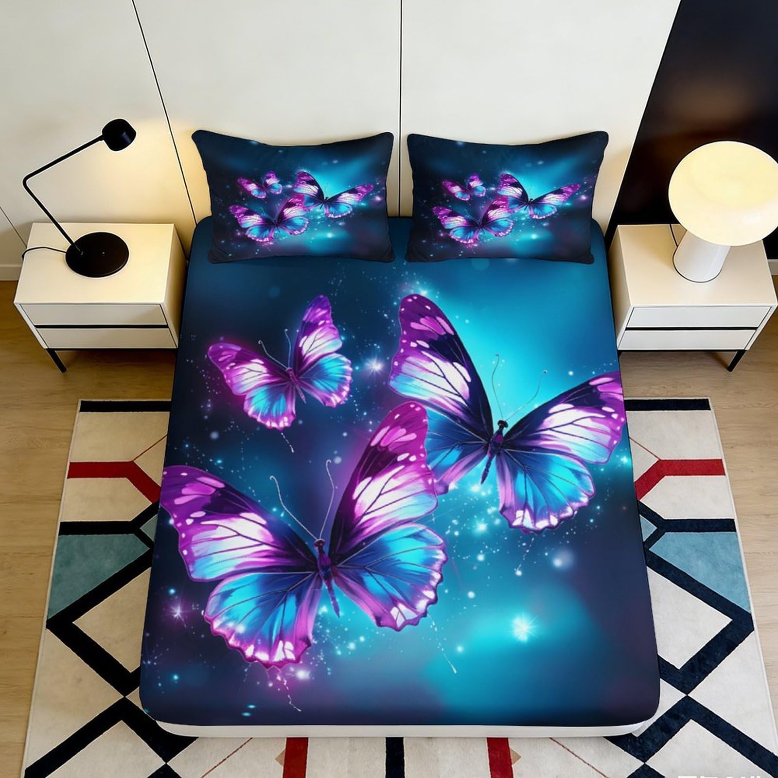 3D Printed Luminous Butterfly Fitted Sheet Microfiber Deep Pocket Bedding Set Bedroom Butterfly Mattress Fitted Cover Non-Slip Washable 140x200x25cm
