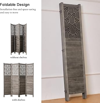 Svimi Folding Room Divider, 66.9 Inch 4 Panels Wood Carved Privacy Screens, Free Assembled Freestanding Portable Separation Wall for Home Office Restaurant Bedroom (Gray)