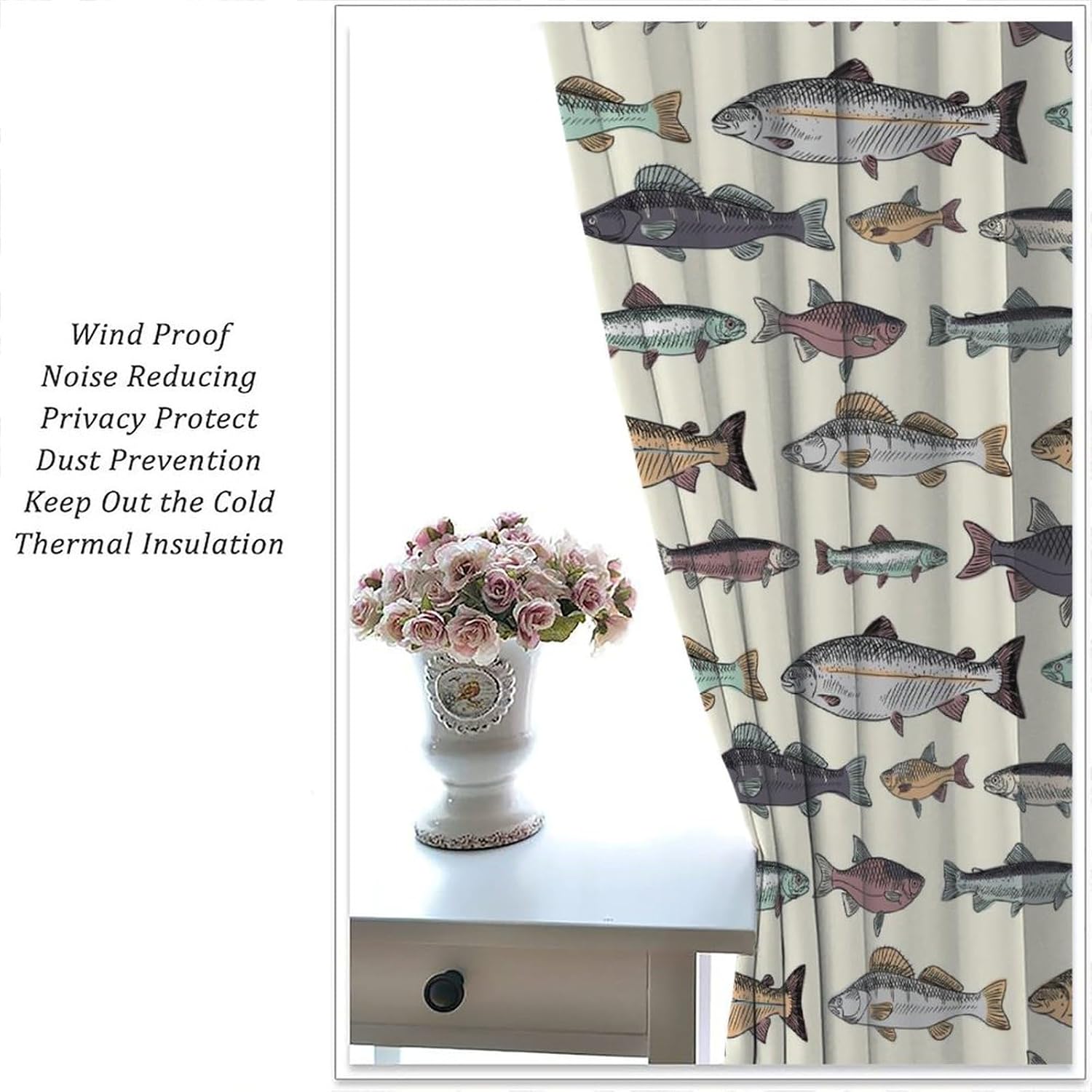 Fish Blackout Curtains Vintage Fishes Drawing Art Printed Window Drapes for Bedroom Living Room Kitchen Decor Fabric Set 2 Panel 63x63 Inch 80% Shading Rate