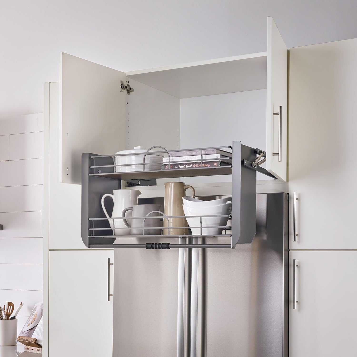 Rev-A-Shelf 36" Pull Down Heavy Duty Shelf Organizer for Tall Kitchen/Bathroom Cabinets, Dual Tier Wall Mounted Pantry Storage, Chrome, 5PD-36FOG
