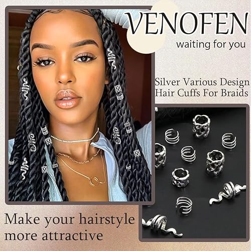 Miniatura 6 de 30 piezas de joyería para el cabello para trenzas, varios estilos, dijes plateados de serpiente para el cabello, anillos de aleación de metal,