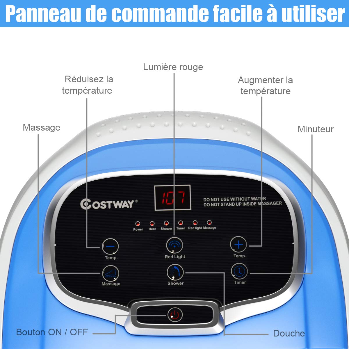 COSTWAY Bain de Pieds 15L avec Ecran LED, 6 Rouleaux de Massage, Masseur de Pieds avec Chaleur Automatique 35℃-48℃, Fonction de Douche et Lumière Rouge (Bleu)