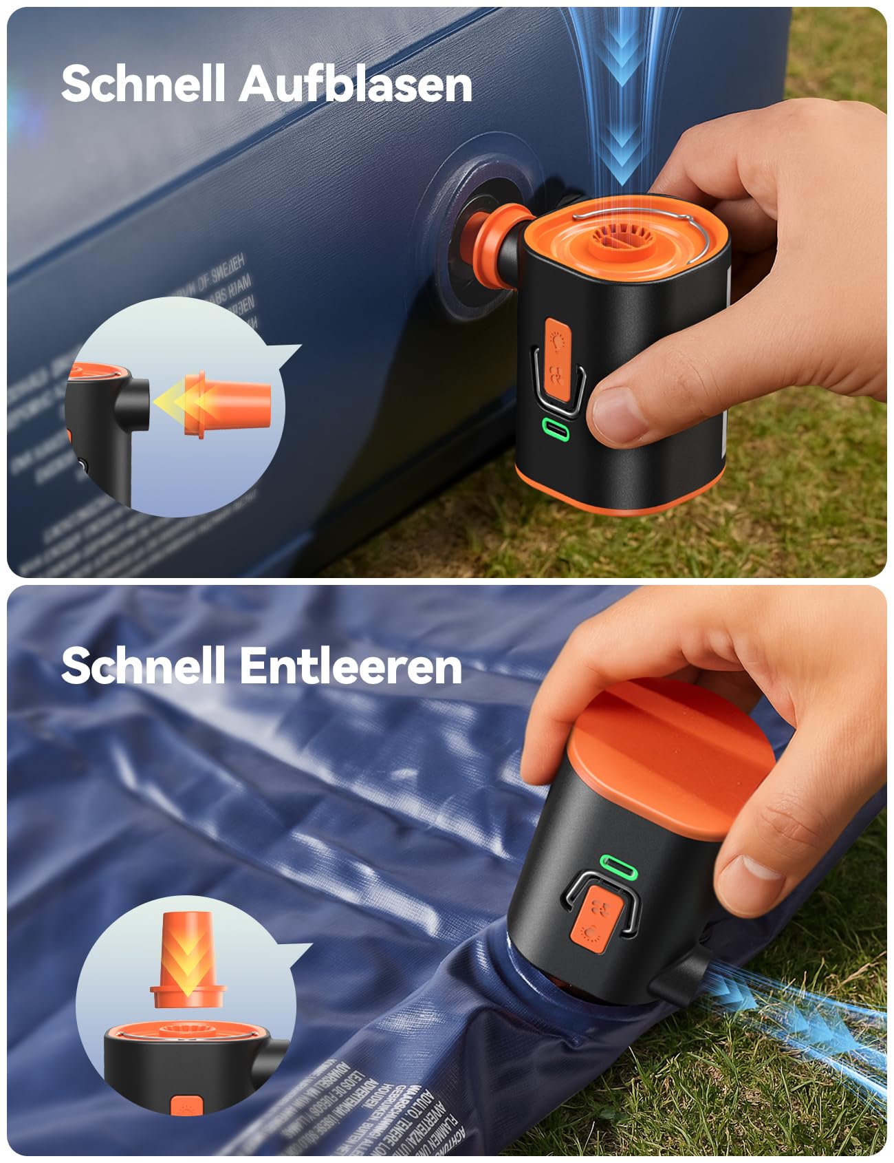 JOYROOM Elektrische Luftpumpe Kompakte für Luftmatratze mit Campinglampe, 4.8 kPa Wiederaufladbare Luftpumpe Luftmatratze mit 3600 mAh Akku Inklusive 6 Düsen Für Luftkissen Schwimmring Vakuumbeutel