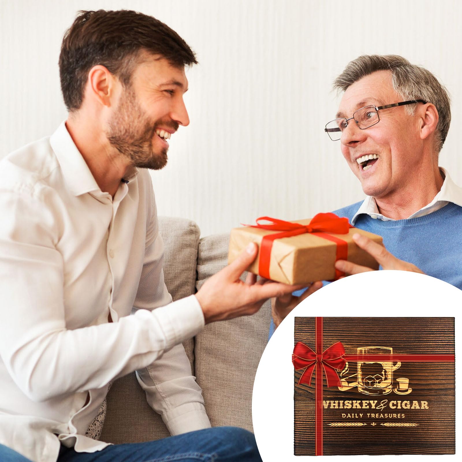 Daily Treasures Coffret cadeau à whisky pour homme - Lot de 16 pierres à whisky de luxe avec 2 verres, 8 pierres de granit, cendrier, cutter en bois et boîte en bois - Ensemble d'accessoires à whisky