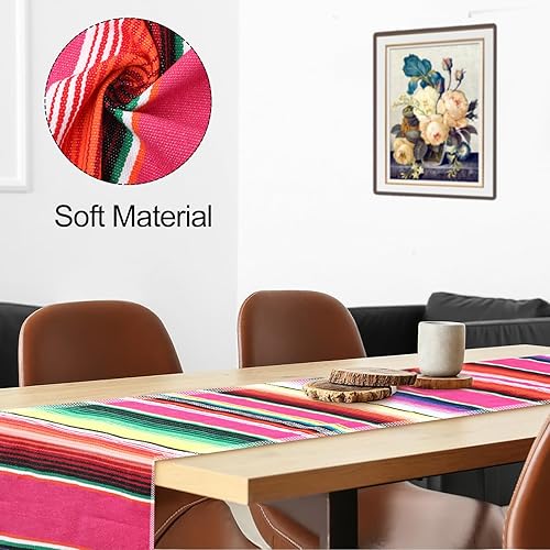 Miniatura 4 de 16 caminos de mesa de serape mexicano, 14 x 84 pulgadas, arco iris, bohemio, con flecos, de algodón, decoración de fiesta temática mexicana para el