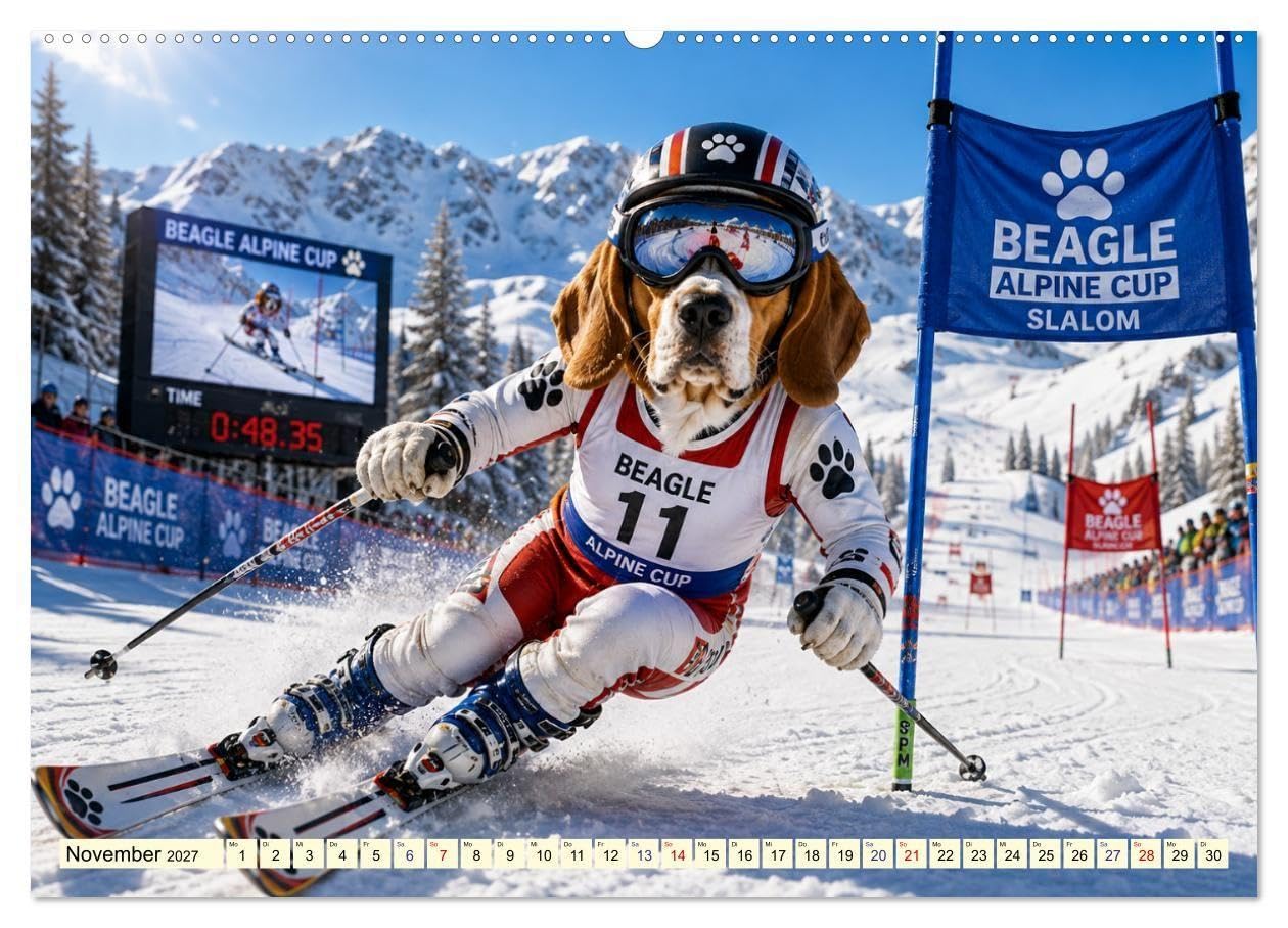 Beagle im Sportmodus (hochwertiger Premium Wandkalender 2027 DIN A2 quer), Kunstdruck in Hochglanz: Beagle-Power: Sportlich durchs Jahr