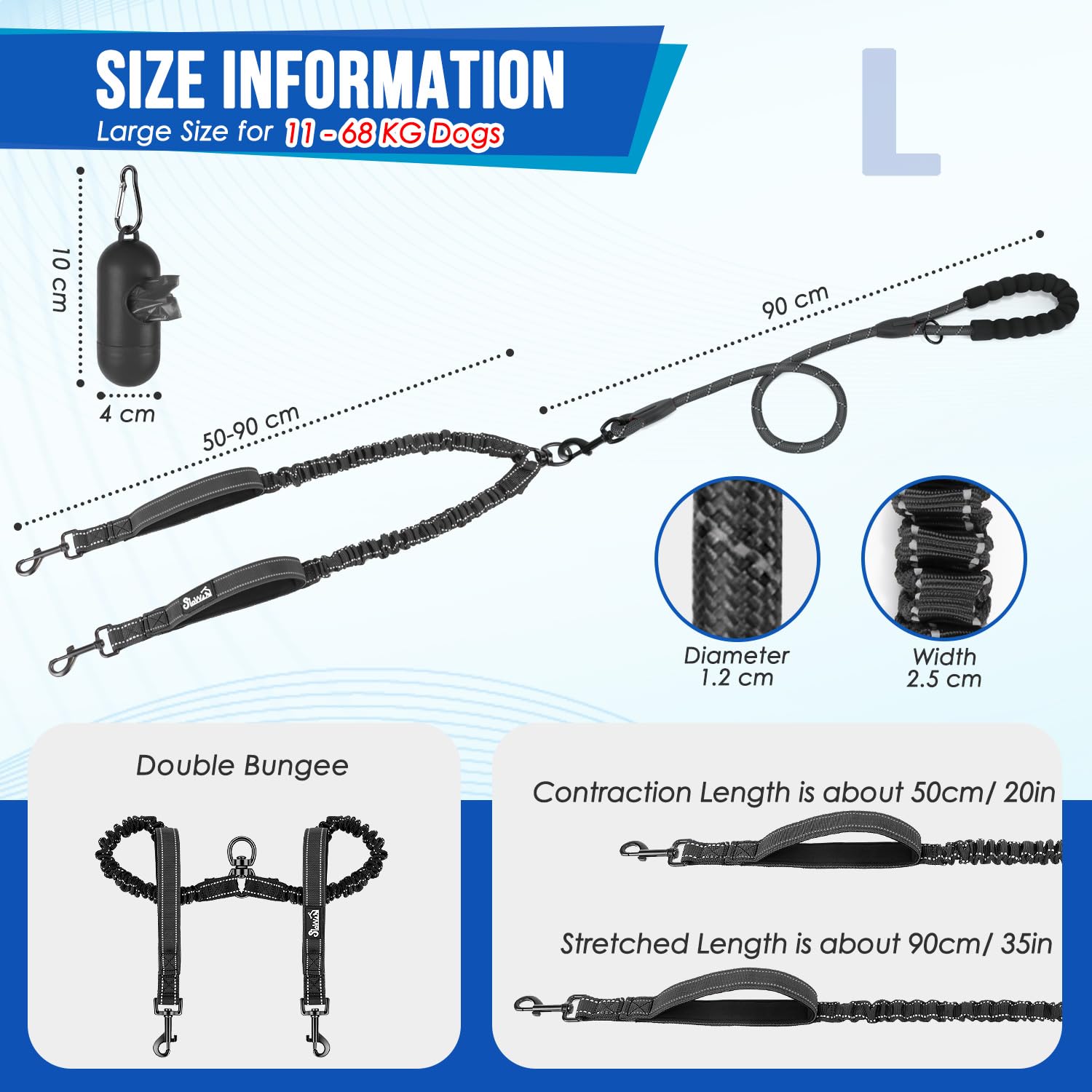 Double Laisse Pour Chien, Double Laisse Pour Chien, Pivotante à 360 °, Anti-nœuds, Pour La Marche, L'entraînement Pour Chiens De Grande Et Moyenne Taille, élastique Réfléchissant Absorbant Les Chocs
