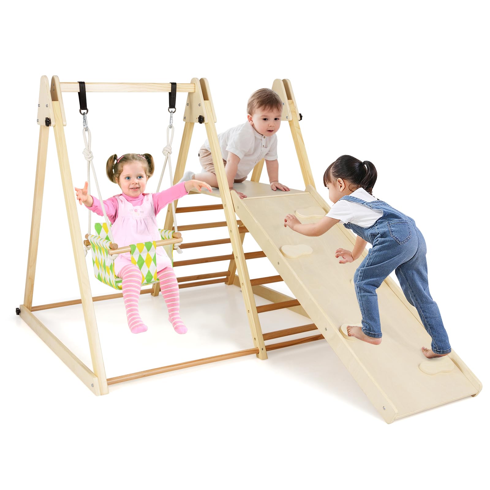 COSTWAY Kids Climbing Frame, 4 in 1 Wooden Playground Jungle Gym with Baby Swing, Resting Platform, Climbing Ramp and Ladder, Indoor Montessori Climber Playset for Toddlers 1+ Years Old (Natural)