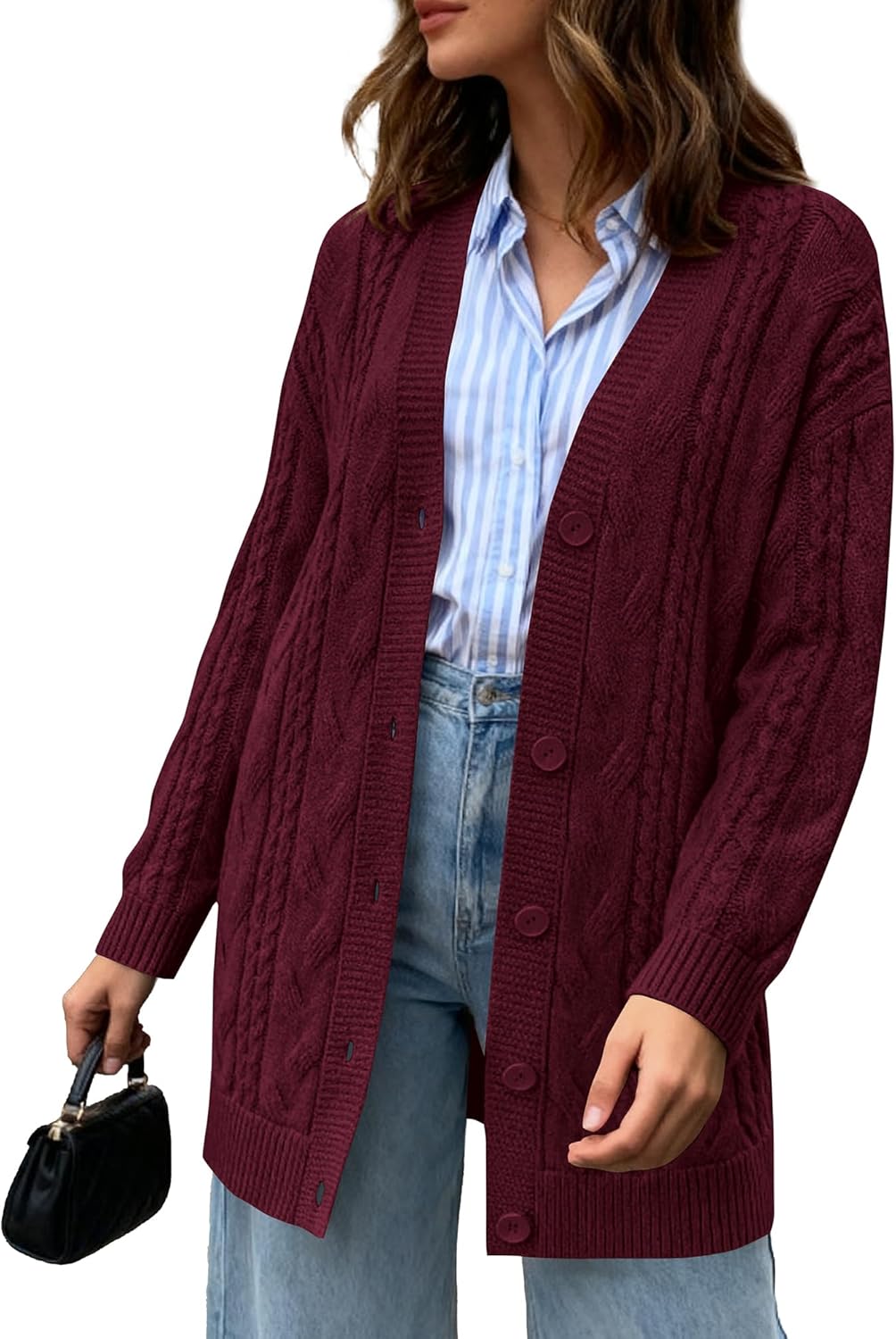 BTFBM Fall Fashion 2025 Chunky Cardigan Sweaters for Women Winter Open Front Cable Knit Button Long Cardigans Outerwear