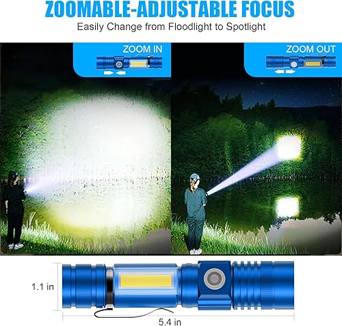Miniatura 37 de Hoxida Linterna recargable por USB, linterna LED magnética, linterna táctica LED súper brillante con luz lateral de mazorca, impermeable, zoomable