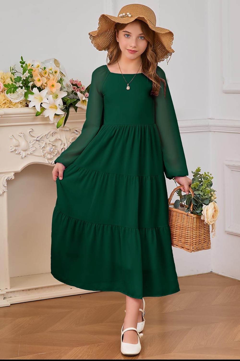 YOVION Girls Fall Long Sleeve Maxi Dress Chiffon A-Line Smocked Tiered Flowy Formal Wedding Guest Dresses for 6-12 Y - Image 6