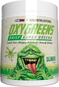 مسحوق OxyGreens Super Greens من EHP LABS Ghostbusters - مسحوق سبيرولينا، مسحوق Super Greens Superfood مع ألياف البريبايوتيك ومضادات الأكسدة القلوية وعافية المناعة، 30 حصة من Slimer Lime