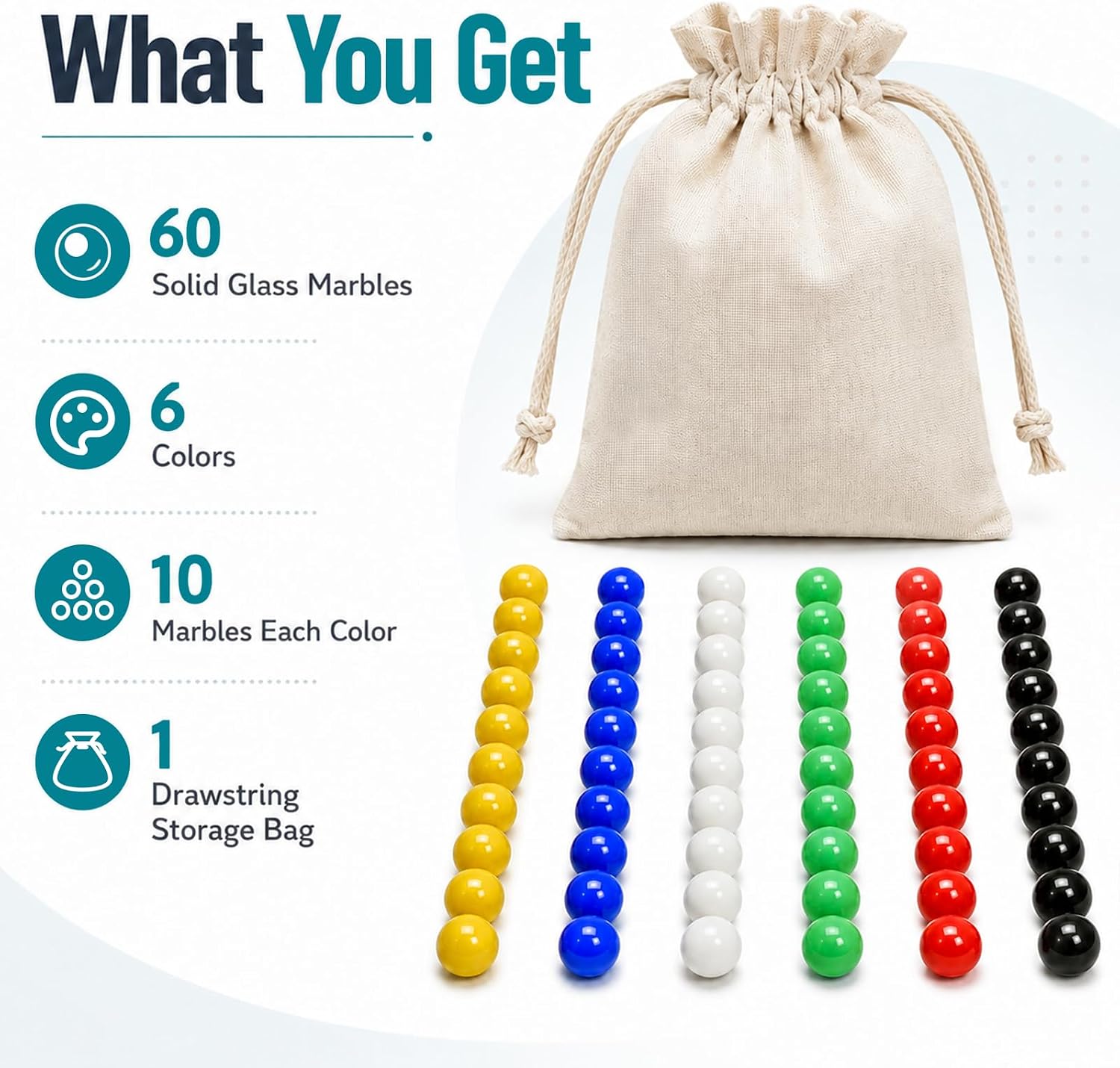 Chinese Checkers Marbles 60 Solid Glass Marbles 16 mm 6 Colors | Solid color glass marbles with a cotton drawstring bag; for Chinese checkers boards, marble runs, and other marble games