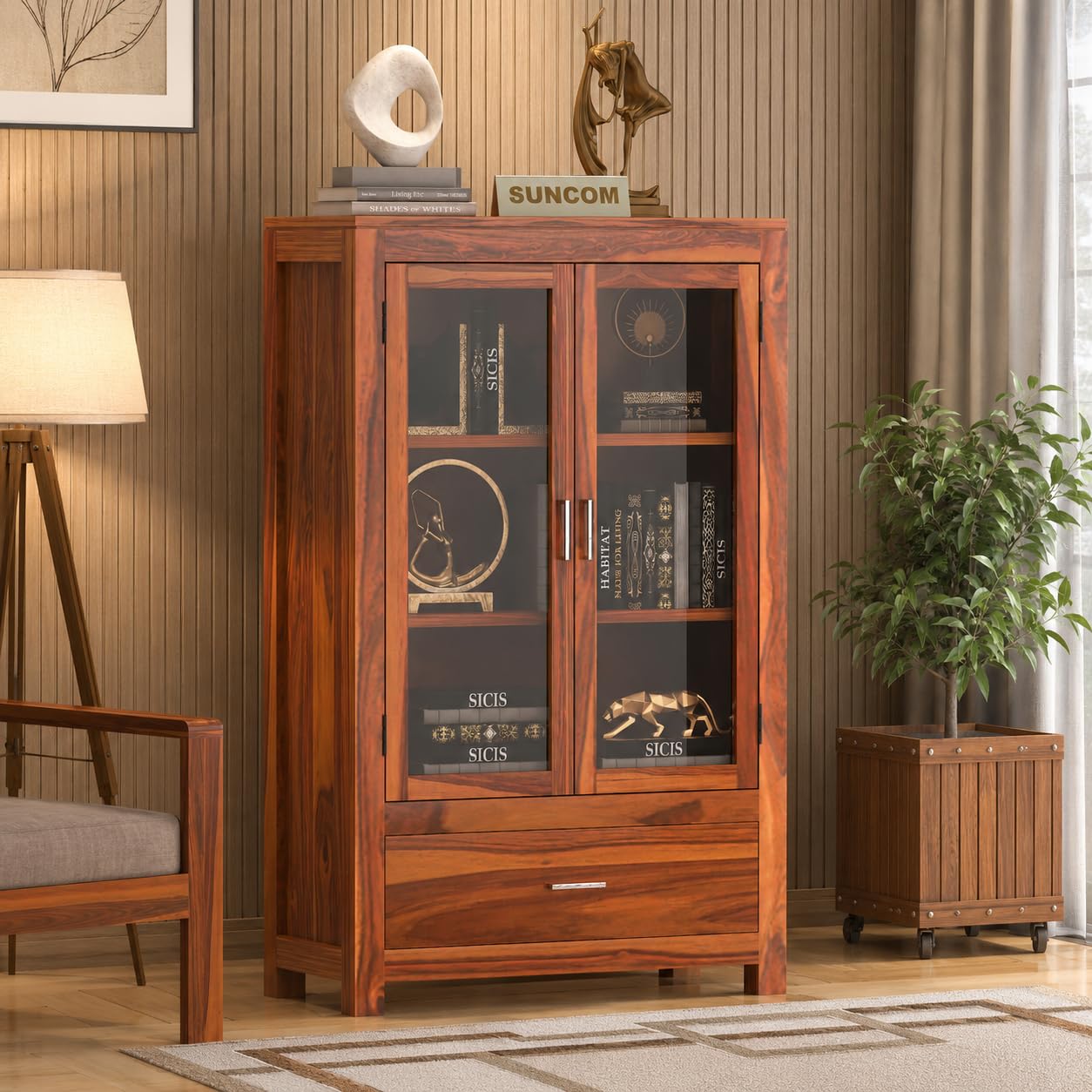 Solid sheesham Wood Book Shelf with Racks Storage - Library Bookshelf - Wooden Book Cabinet Office & Studyroom - Bookcases with Glass Door & Drawer Storage (Natural Finish)-image-47