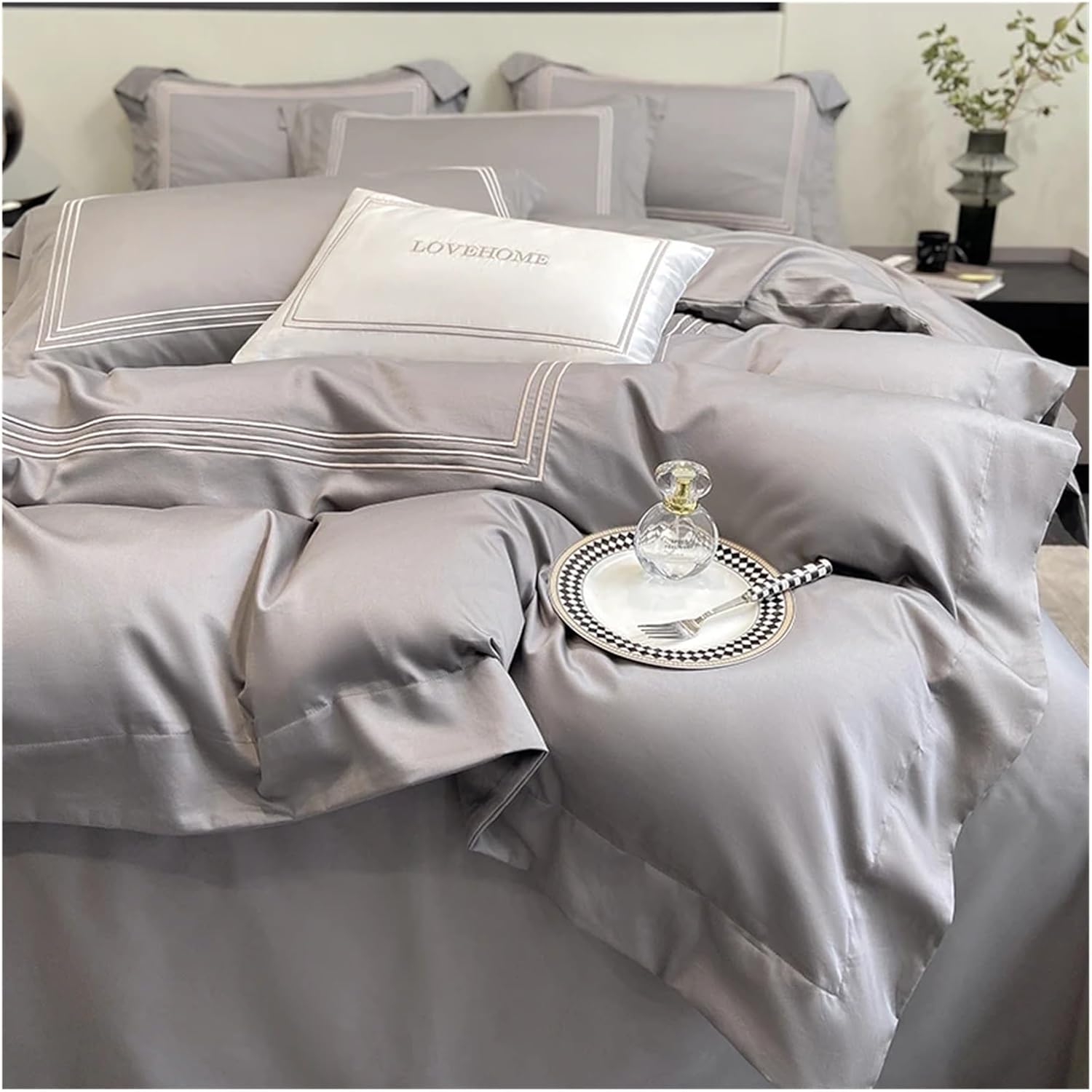 Bed, 100% Cotton Bedding Set Home Textile Three Lines Embroidery Luxurious Pillowcase Sheet Quilt Cover Twin/Queen/Single Bed, Gray, MM-102