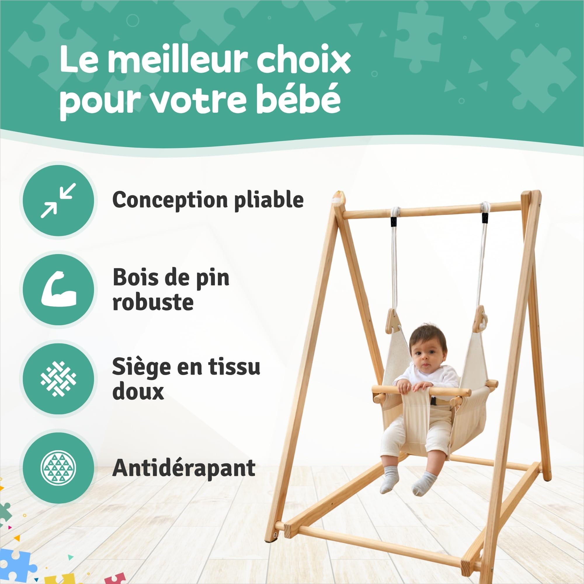 Balançoire en Bois pour bébé avec siège à Bascule Pliable, balancelle évolutive et Chaise à Bascule Enfant, Baby Swing en Bois Naturel Stable et sûr, Jouet bébé pour intérieur et extérieur sécurisé
