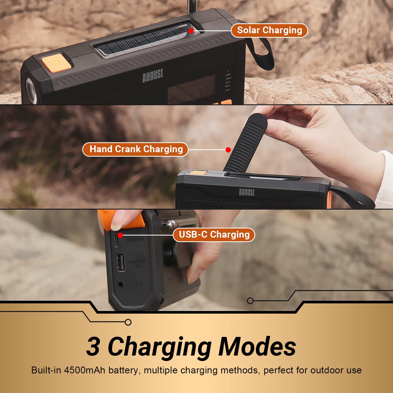 August MB290B Kurbelradio DAB/FM/Bluetooth - Solar Radio 4500mAh wiederaufladbare Powerbank, 3 Modi LED Taschenlampe Sleeptimer SOS-Alarm 3.5mm Notfallradio mit Handkurbel für Camping Wandern Zelten
