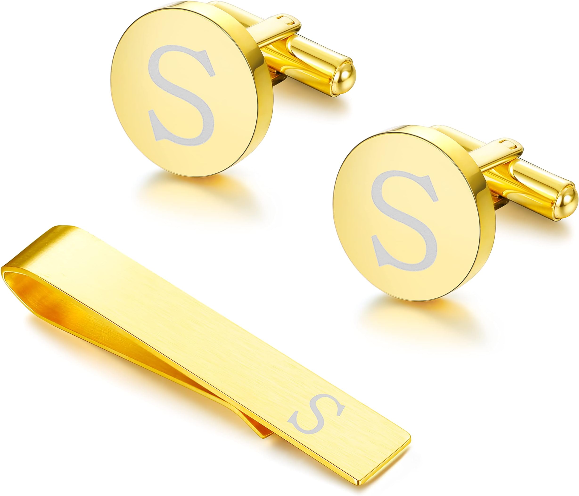 DiamdayCuff Links and Tie Clips Set Personalized Cufflinks for Men Silver Gold Initial Cufflinks Men's Link Shirt Studs Tie Letter Tie Clips and Cufflinks Set with Box Groomsmen Gift for Him