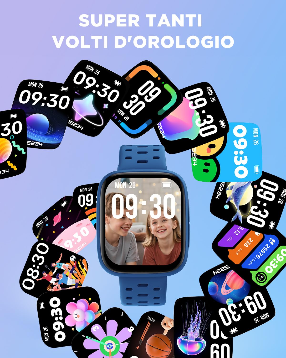 BIGGERFIVE Smartwatch Bambini Bambina Ado 5-16, 1,8" Amoled Fitness Tracker | Orologio Contapassi, Frequenza Cardiaca, Resistente all'Acqua 30m, Monitor del Sonno, Giochi Puzzle con/senza APP, Blu