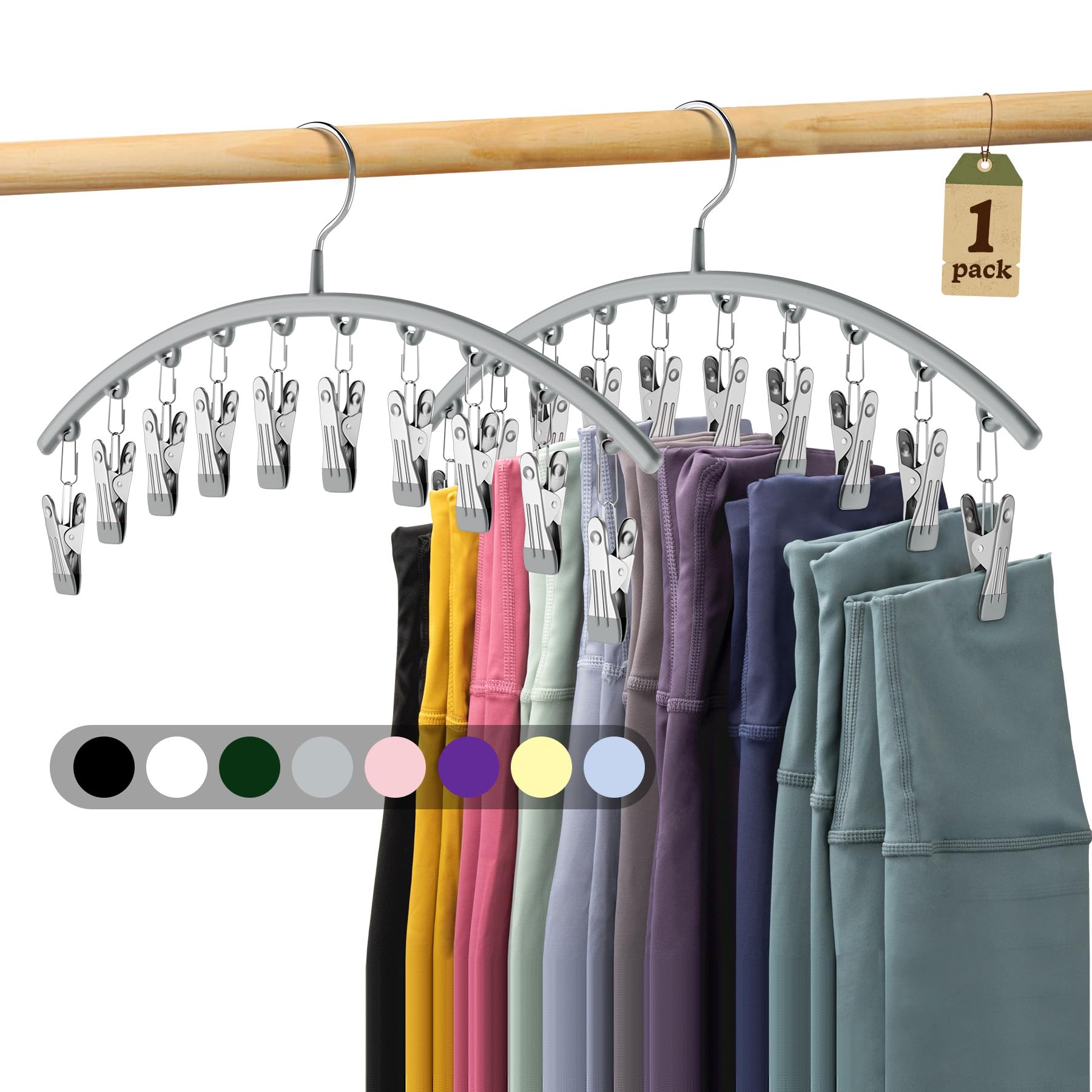 Volnamal Legging Organizer for Closet, Metal Yoga Pants Hanger w/Rubber Coated 1 Pack w/10 Clips Hold 10 Leggings, Hangers Space Saving Hanging Closet Organizer for Closet Organizers and Storage-Gray