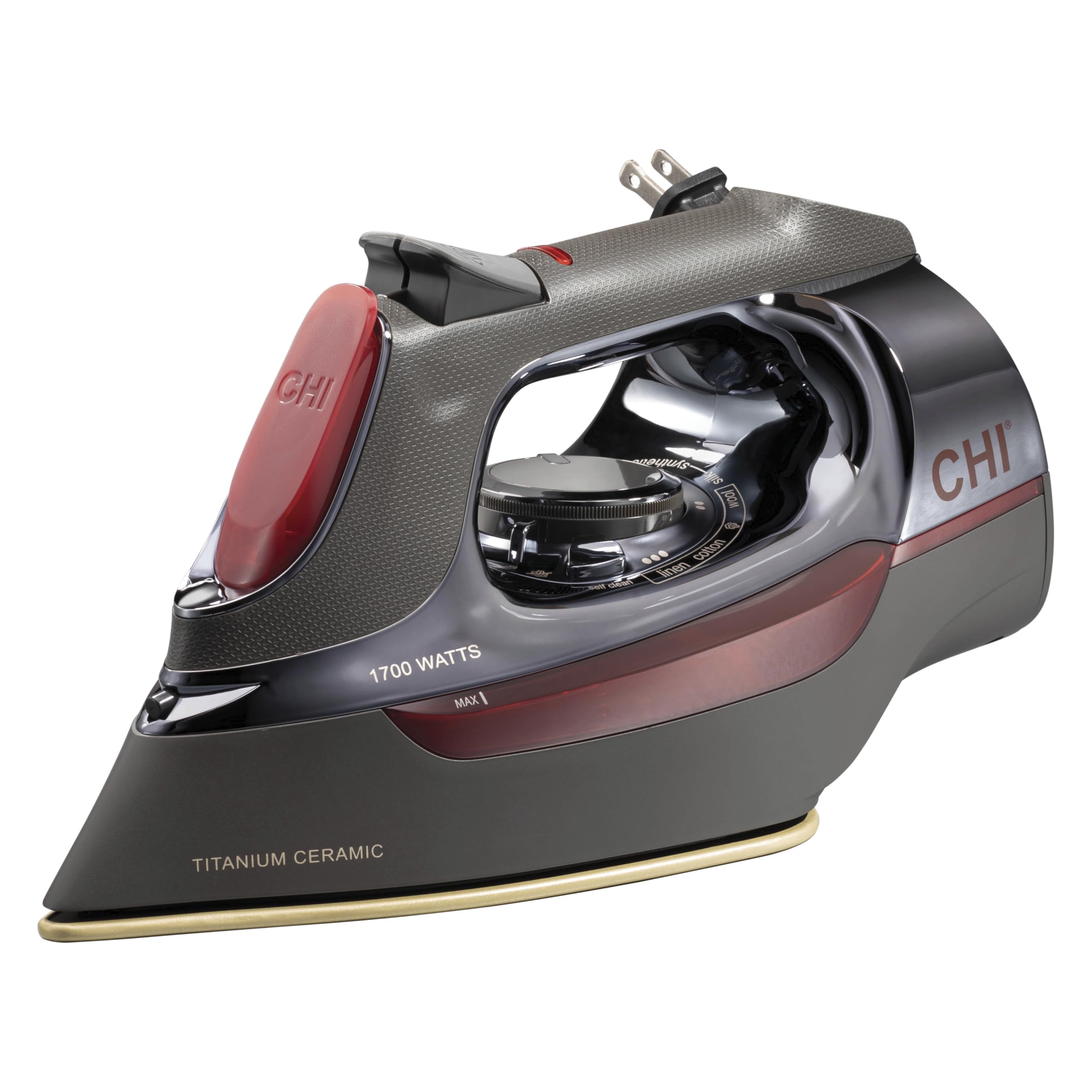 CHI Steam Iron for Clothes with 8’ Retractable Cord, 1700 Watts, 3-Way Auto Shutoff, 400+ Holes, Professional Grade, Temperature Control Dial, Titanium Infused Ceramic Soleplate, Black/Chrome (13109N)