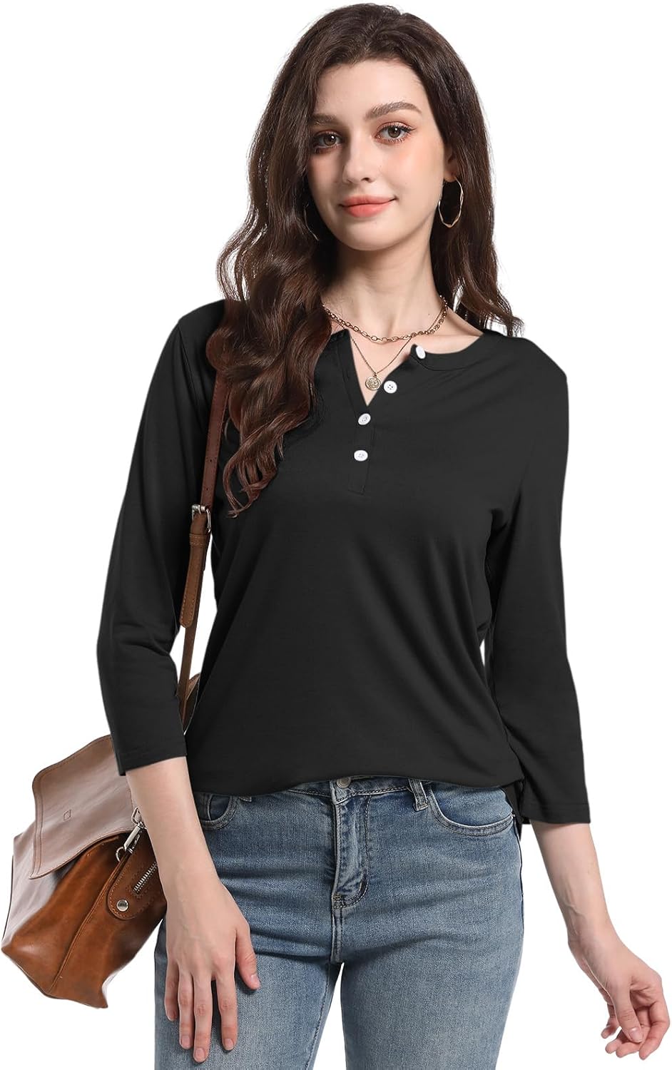 PGANDS Women's 3/4 Length Sleeve T Shirts Button Down Scoop Neck Casual Tops - Image 5