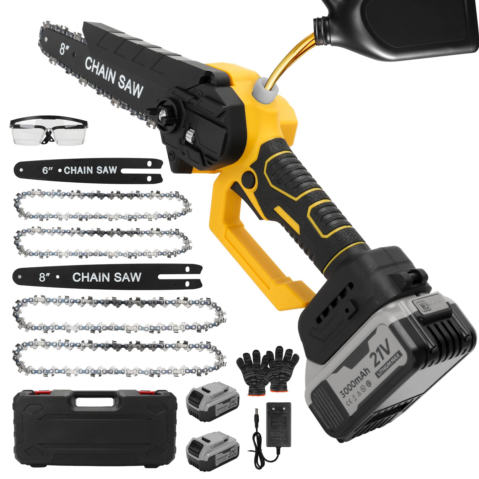 panthem 6 Zoll & 8 Zoll Mini Kettensäge mit 2 * 3 Ah Akkus, Bürstenlose Handkettensäge mit Automatischer Öler und Ersatzkette, Kompatible mit DeWalt 20V Akku, Elektrische Säge für für Holz, Ast
