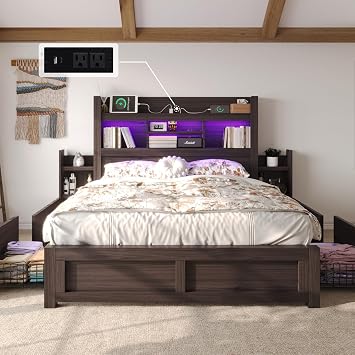LUXOAK Full Bed Frame with Storage, Bookcase Headboard, Black