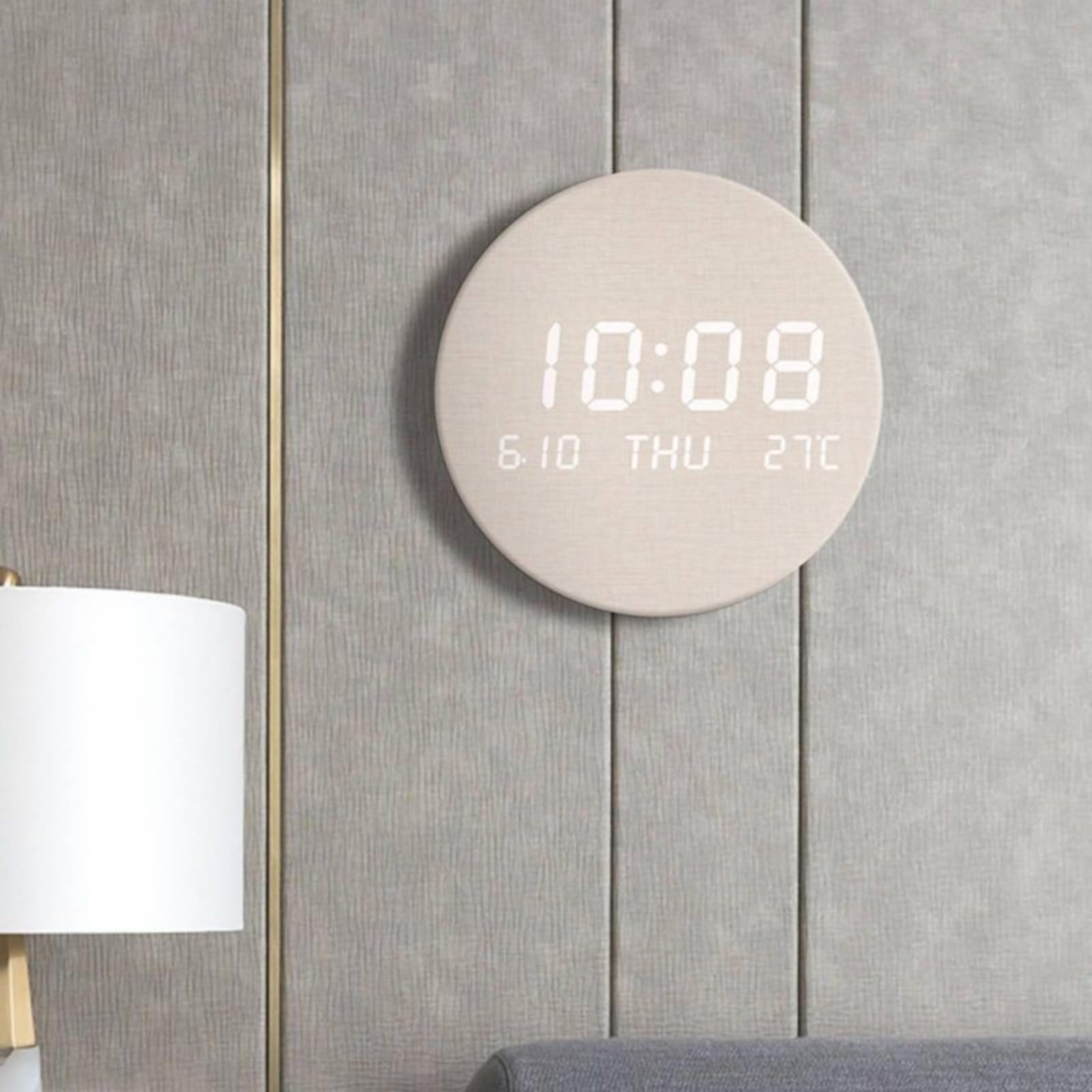 LOVIVER Reloj de Pared Eléctrico Digital Reloj LED Reloj Redondo Reloj Decorativo Moderno con Dígitos Día y Temperatura Visibles Luz Suave por la Noche, Wood