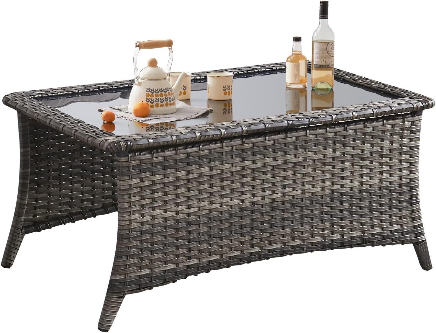 Belord Outdoor Coffee Table with Tempered Glass Top, Patio Rectangular Brown Wicker, Handwoven Rattan Coffee Table Compatible with Patio Furniture Sets for Porch Deck Backyard